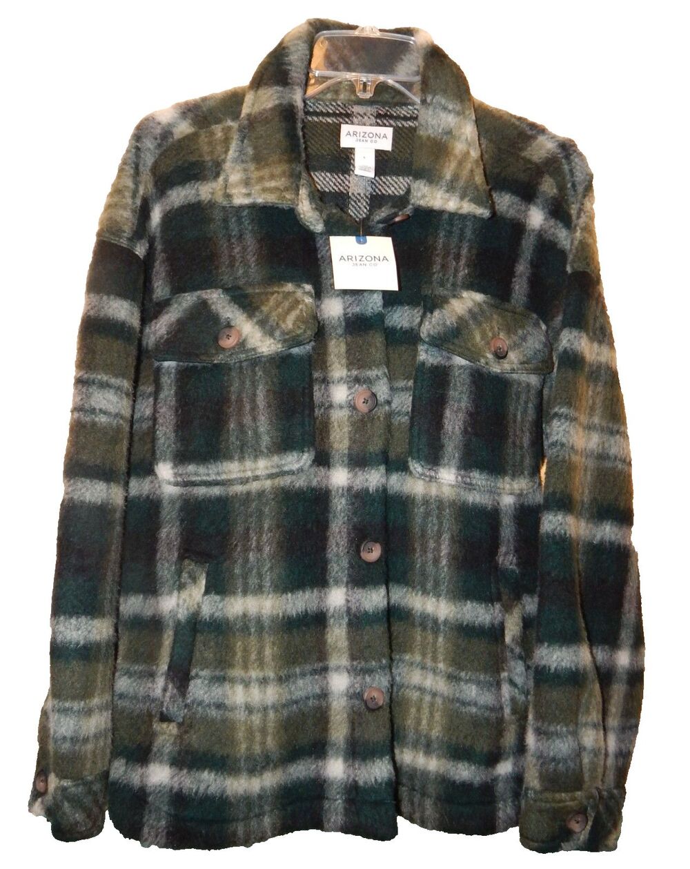 NWT Arizona Shacket Women's Juniors LG Faux Fur Midweight Shirt Jacket L/S Plaid